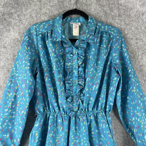 Vintage Neiman Marcus Dress Womens Medium Blue Printed Ruffle Retro USA Made - Picture 2 of 16